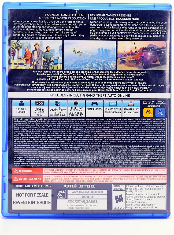 Grand Theft Auto V Not For Resale Ps4 Game Back